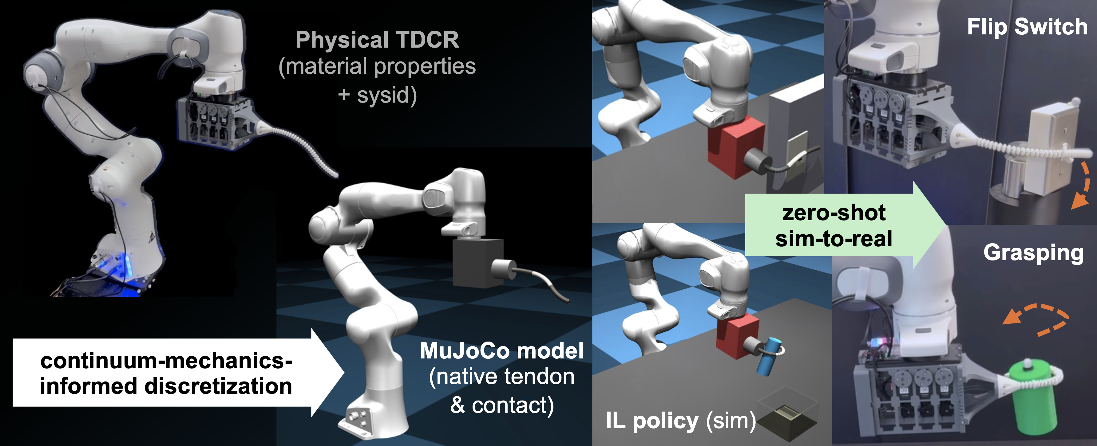 TDCR simulation, policy learning, and physical robot deployment overview